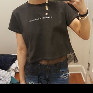 Don’t ask why cute dark grey tshirt with lace trim
